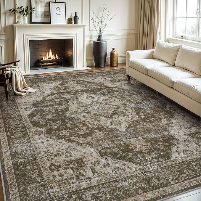 AMOAMI Area Rug - 8x10 Vintage Soft Coffee & Brown Rug for Living Room, Bedroom, Dining Room, Office - Non-Slip, Washable Carpet