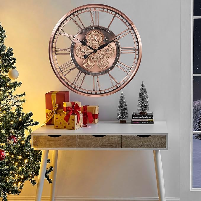 CLXEAST 28 Inch Oversized Large Moving Gears Wall Clock,Industrial Vintage Rose Gold Silent Wall Clock for Modern Farmhouse Living Room Home Decor,Copper Finish