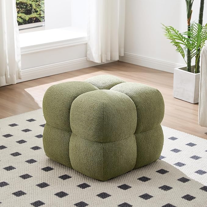 Zesthouse Square Pouf Ottoman Footstool, Modern Ottoman Coffee Table for Living Room, Poofy Boucle Stool Foot Rest, Upholstered Tufted Stool for Couch, Cube Vanity Chair Backless for Bedroom, Green