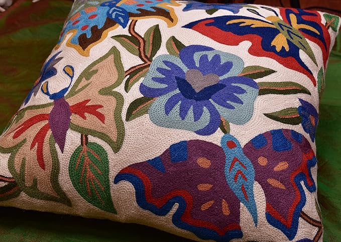 Butterfly Floral Decorative Pillow Cover Moth Botanical Flower Pillowcase Couch Hand Embroidered Flowery Outdoor Cushion Chair Suzani Accent Wool 18x18 Inch