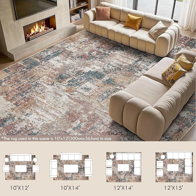 Tortania Washable 10x12 Area Rug for Living Room: Modern Abstract Neutral Large Soft Thin Rugs - Non Slip Indoor Carpet for Bedroom Dining Room Office Nursery Home Floor Decoration - Colorful Multi