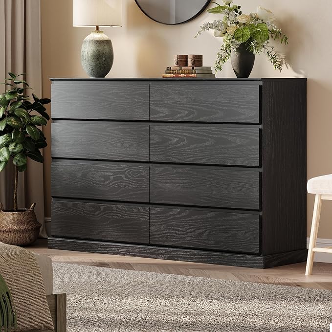 LINSY HOME 8 Drawer Dresser for Bedroom, 53" Wide Chest of Deep Drawers, Modern Farmhouse Wood Dressers with Storage, Large Drawer Organizer for Bedroom, Living Room, Handless Design, Black