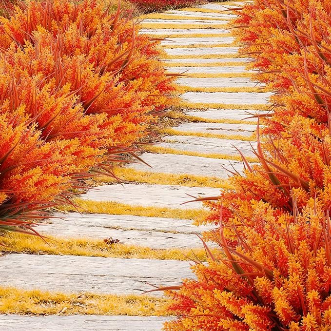 Geegoods 24 Bundles Artificial Fall Flowers Outdoor – Faux Lavender Flowers with Monkey Grass UV Resistant Plastic Faux Plants for Garden Porch Patio Home Decor, Autumn-red Color