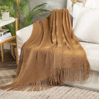 MIULEE Knitted Brown Throw Blanket for Couch,Boho Bed Decor Knit Outdoor Blankets Throw Size with Tassels Cozy Woven for Sofa Home Chair Wave Pattern 50" x 60" Inches