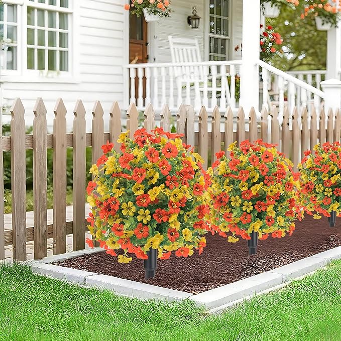 22.8" Set of 2 Fall Artificial Boxwood Topiary Ball with Spikes,UV Resistant Fake Outdoor shrubs with Violet Flowers, Faux Plants Bushes for Garden Front Porch Yard Patio(Yellow+Orange)