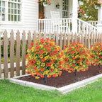 22.8" Set of 2 Fall Artificial Boxwood Topiary Ball with Spikes,UV Resistant Fake Outdoor shrubs with Violet Flowers, Faux Plants Bushes for Garden Front Porch Yard Patio(Yellow+Orange)