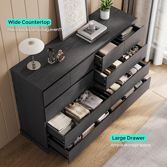 LINSY HOME 10 Drawer Dresser for Bedroom, 53" Wide Chest of Deep Drawers, Modern Farmhouse Wood Dressers with Storage, Large Drawer Organizer for Bedroom, Living Room, Handless Design, Black