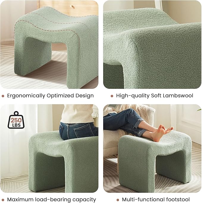 Vanity Stool Foot Rest Small Footstool Ottoman Chair Seating Backless Modern Teddy Velvet Ottoman for Makeup Room Living Room Bedroom Entryway,(Single 1) Green