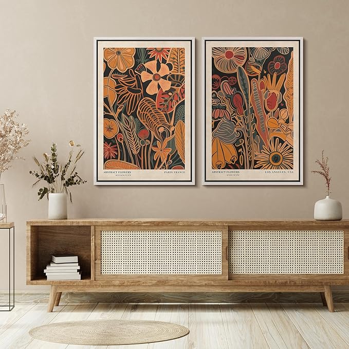 SIGNFORD Framed Canvas Print Wall Art Set Abstract Blossoms Vibrant Floral Illustration Modern Art Decorative Nordic Nature for Living Room, Bedroom, Office - 16"x24"x2 White