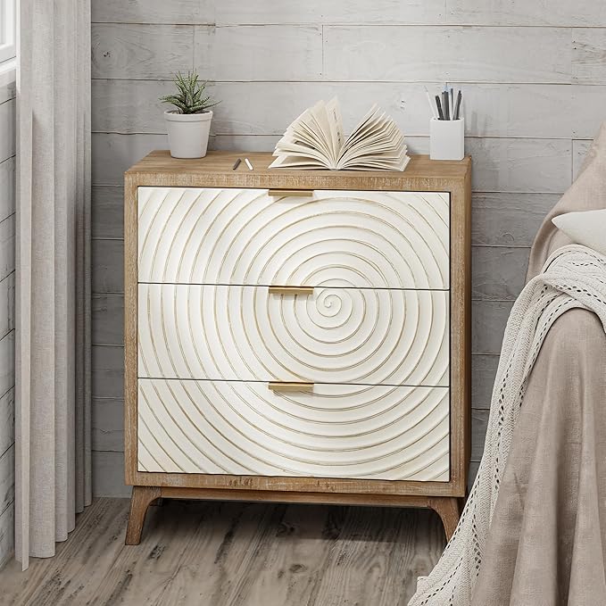 LONYKE Farmhouse 3 Drawer Dresser, White Nightstand with Handcrafted Wood Ring Motif for Bedroom, Rustic & Natural, Fully Assembled, Boho