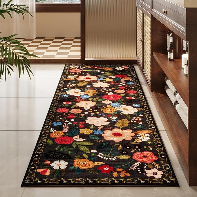 Runner Rug for Hallways Kitchen Rug Non Slip 2'x 6' Washable Runner Rugs with Rubber Backing Soft Floral Carpet Runner for Hallways, Kitchen, Laundry, Bedroom, Bathroom(Black)