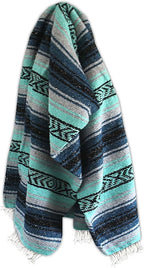 Del Mex Classic Mexican Blanket, Large Authentic Woven Falsa Throw (70"x50"), Artisan Southwest Décor for Beach, Yoga, Outdoors (Navy/Mint)