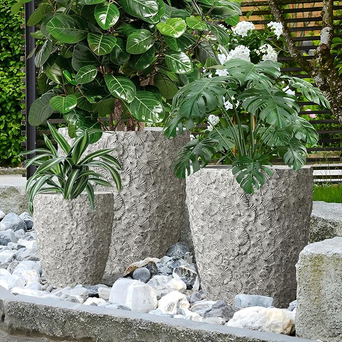 Craft flowerpots 16"+12"+10" Dia Round Concrete Planter Set of 3 Large Outdoor/Indoor Planter Pots Containers with Drainage Holes and Rubber Plug for Home Garden (Grey, Large)