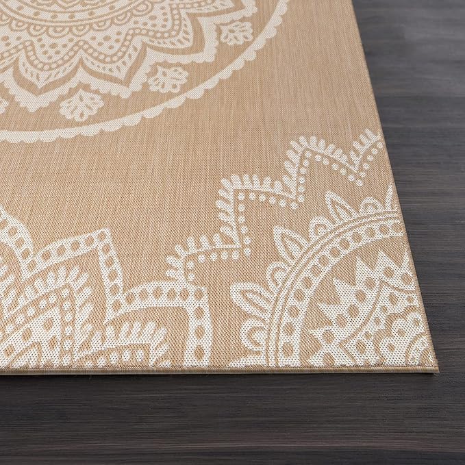 CAMILSON Outdoor Rug 8x10 Modern Area Rugs for Indoor and Outdoor Patios and Porches - Waterproof, Washable, Non-Shedding, Easy-to-Clean Outside Carpet (8 x 10, Medallion - Beige/White)