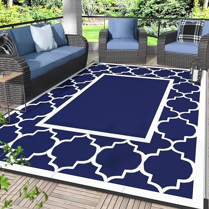 GENIMO 6' x 9' Outdoor Rug Waterproof for Patio Fall Decor, Foldable Reversible Plastic Straw Area Rugs Mat for Camper, Outside Carpet for Rv, Deck, Porch, Picnic, Beach, Balcony, Blue & Grey