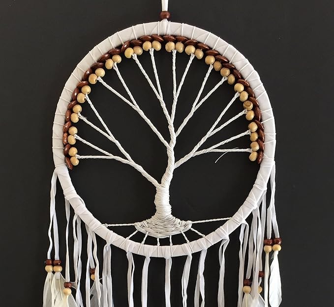 OMA Dream Catcher, Tree of Life Design with Feathers and Beads, White Suede Authentic Traditional Dream Catcher Boho Home Decor Bedroom Decoration Gift - Large Size - 36" Long x 11" Diameter (Brown)