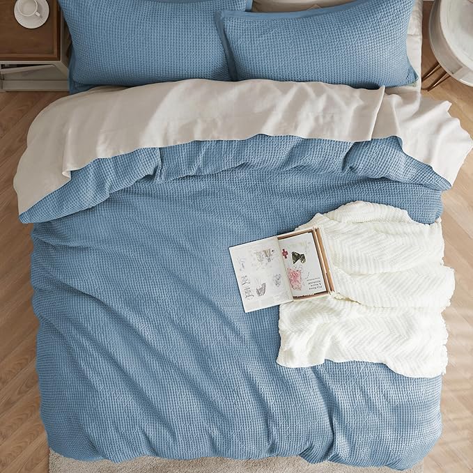 Bedsure Cotton Duvet Cover Queen - 100% Cotton Waffle Weave Grey Blue Duvet Cover Queen Size, GentleSoft™ and Breathable Bedding Set for All Season, 3 Pieces, 90"x90"