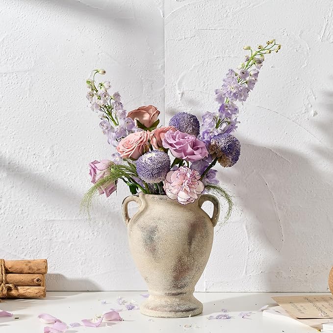 Ceramic Rustic Flower Vase with Handles, 8.46 Inch Tall Vintage Pottery Home Decor, Farmhouse Terracotta Vase for Living Room, Table, Shelf, Mantel Decoration, Farmhouse- Brown