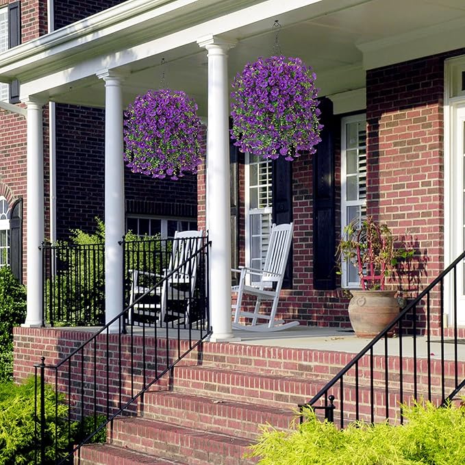 Artificial Faux Hanging Flowers Plants for Outdoor Decor,2 PCS Fake Silk Morning Glory with Eucalyptus UV Resistant Realistic Trailing Vine for Wall Home Porch Patio Balcony Yard Indoor Decor, Purple