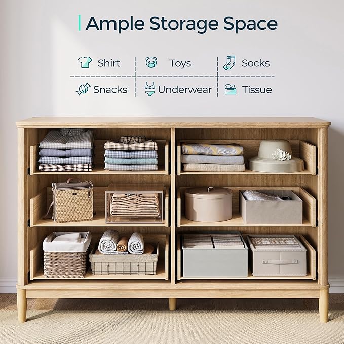 LINSY HOME Fluted Dresser for Bedroom with 6 Drawers, 54" Wide Mid Century Modern Dressers, Tall Boho Chest of Drawers, Large Wood Accent Storage Cabinet for Living Room, Curved Profile Design, Oak