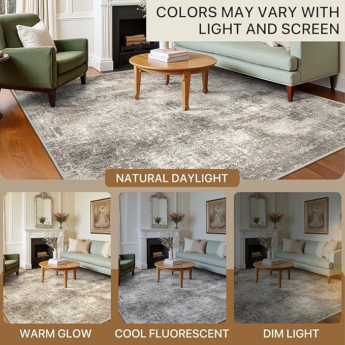 Area Rugs 6x9 for Living Room Bedroom, Modern Abstract Machine Washable Rug, Large Soft Low Pile Floor Carpet with Non Slip Backing for Dining Room, Grey