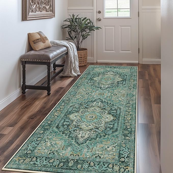 GENIMO Machine Washable 9x12 Area Rugs for Living Room, Non Slip Vintage Rugs, Low Pile Lightweight Chenille Print Rug for Bedroom, Dining Room, Home Office, Turquoise