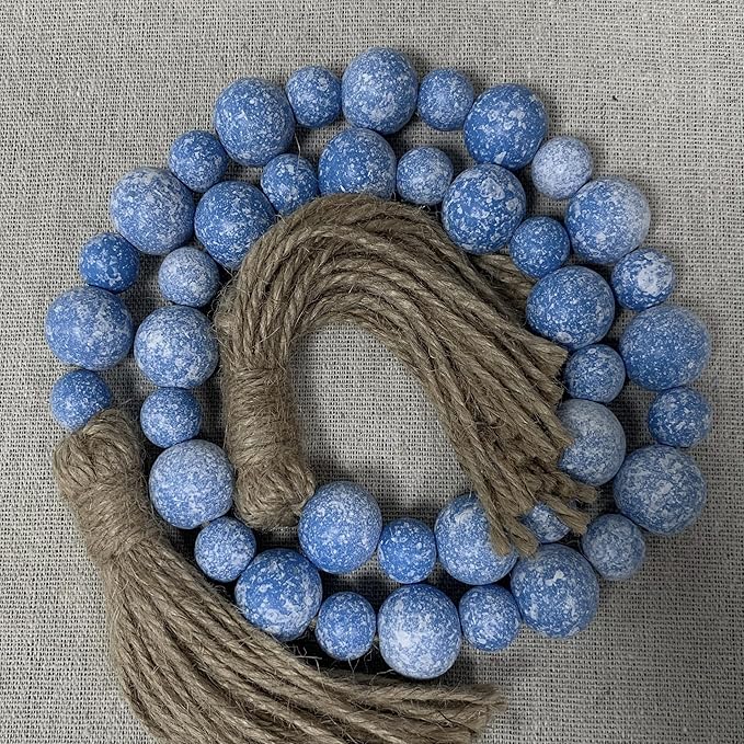 Handcrafted Farmhouse Wooden Decorative Beads Garland, Table Tray Boho Wood Beads with Tassel, Small Rustic Antique Decor for Home and Events (32" Rustic Light Blue)