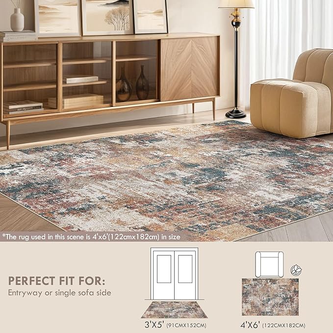 Tortania Washable 3x5 Area Rug - Modern Abstract Neutral Rugs Indoor Soft Thin Mat Non Slip Carpet for Entrance Front Door Living Room Bedroom Home Floor Decoration - Colorful Multi