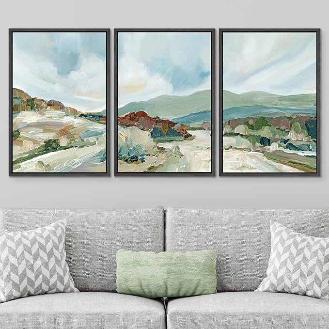 SIGNWIN Framed Canvas Print Wall Art Set Pastel Watercolor Blue Sky Mountain Range Landscape Nature Wilderness Illustrations Modern Art Decorative Scenic Relax/Calm for Bedroom - 24"x36"x3 Black