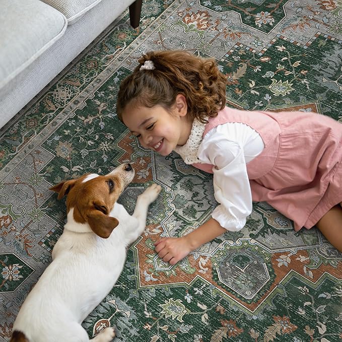 GENIMO 2x5 Runner Rugs for Hallway, Machine Washable Non Slip Vintage Rugs, Low Pile Lightweight Soft Print Rug for enrtyway, Corridor, Home Office, Kitchen,Pine Green