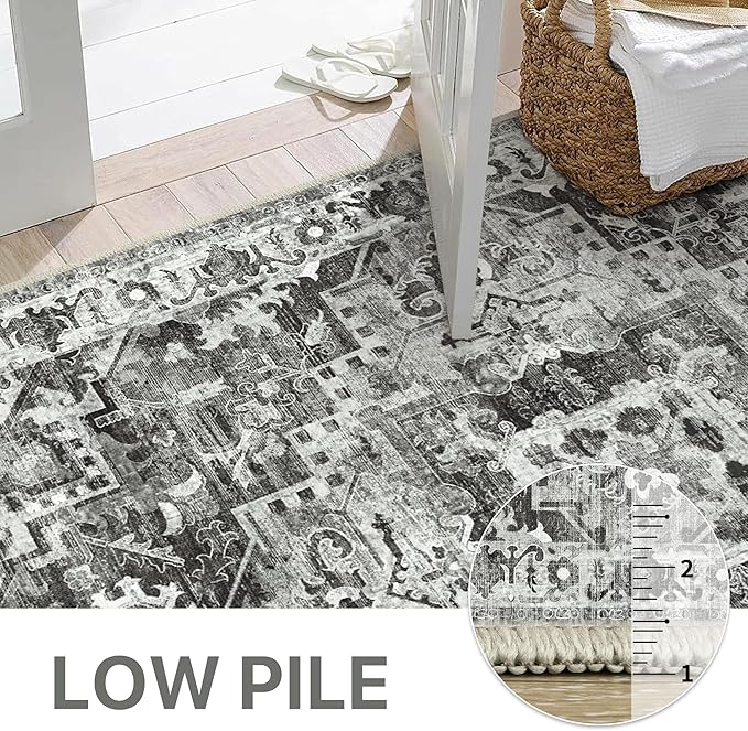 GENIMO Machine Washable 8x10 Area Rugs for Living Room, Non Slip Vintage Rugs, Low Pile Lightweight Chenille Print Rug for Bedroom, Dining Room, Home Office, Deep Gray