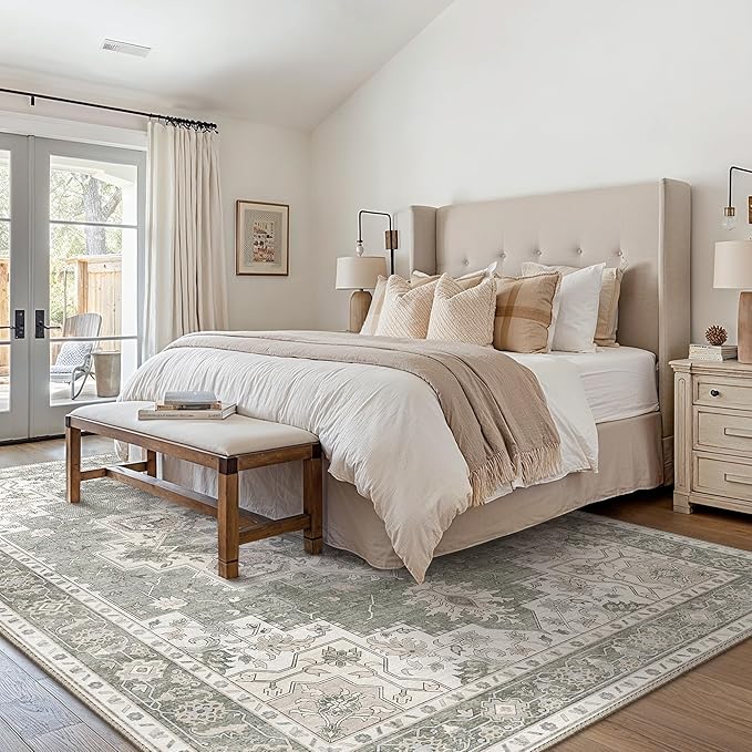 GENIMO 5x8 Area Rugs for Living Room, Machine Washable Low Pile Rugs, Chenille Non Alip Vintage Rug for Bedroom, Dining Room, Home Office, Moonlight