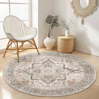GENIMO 6FT Round Area Rugs for Living Room, Circle Rugs Machine Washable Low Pile, Chenille Non Slip Vintage Rug for Bedroom, Dining Room, Home Office, Light Taupe Brown