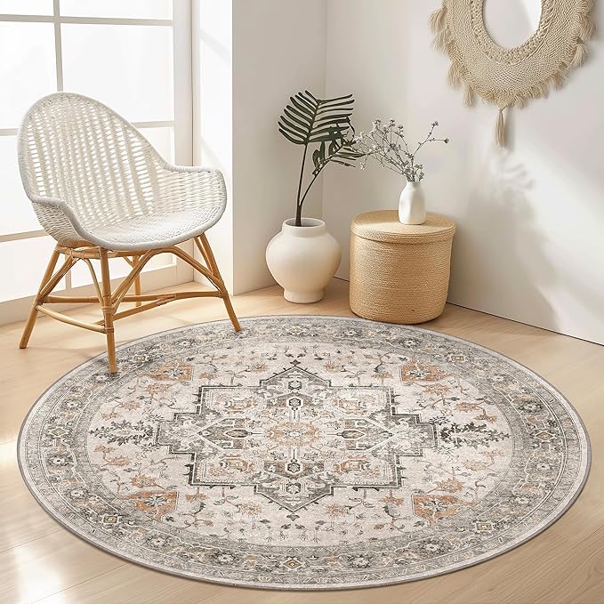 GENIMO 8FT Round Area Rugs for Living Room, Circle Rugs Machine Washable Low Pile, Chenille Non Slip Vintage Rug for Bedroom, Dining Room, Home Office, Light Taupe Brown