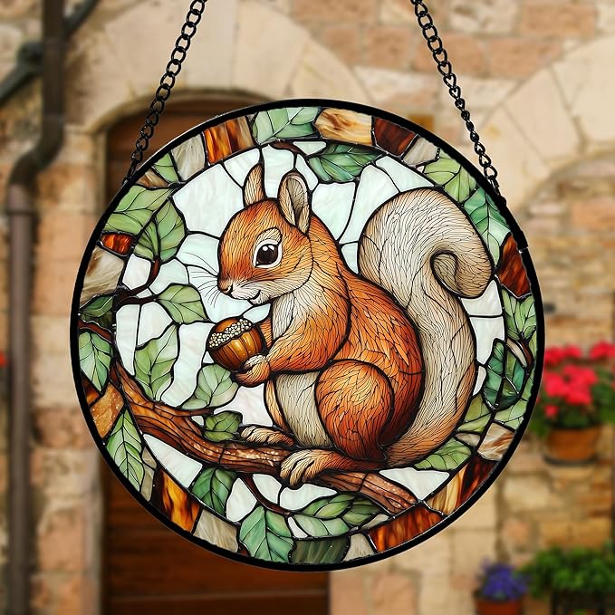 Stained Glass Window Hanging, Squirrel on a Branch Suncatcher Diamond Glass Panel Animal Sun Catchers Decor for Birthday for Women, Men, Wife, Aunt, and Mom 7.8 in