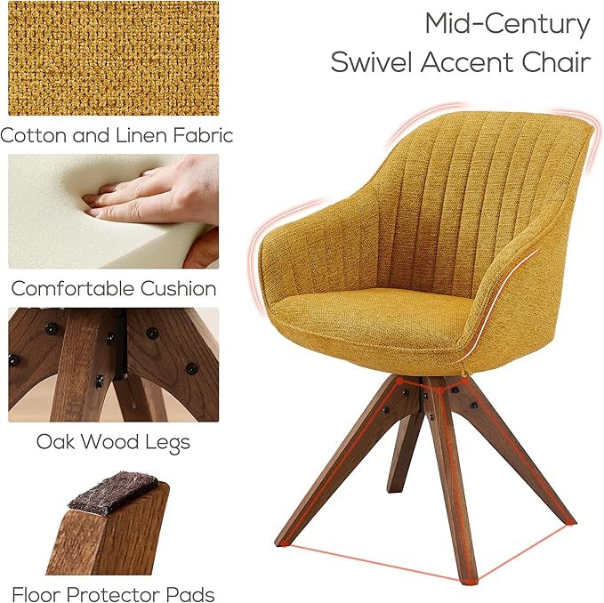 Art Leon Desk Chair No Wheels - Mid Century Modern Office Chair, Swivel Accent Chair with Oak Wood Legs, Fabric Upholstered Arm Chair, Yellow