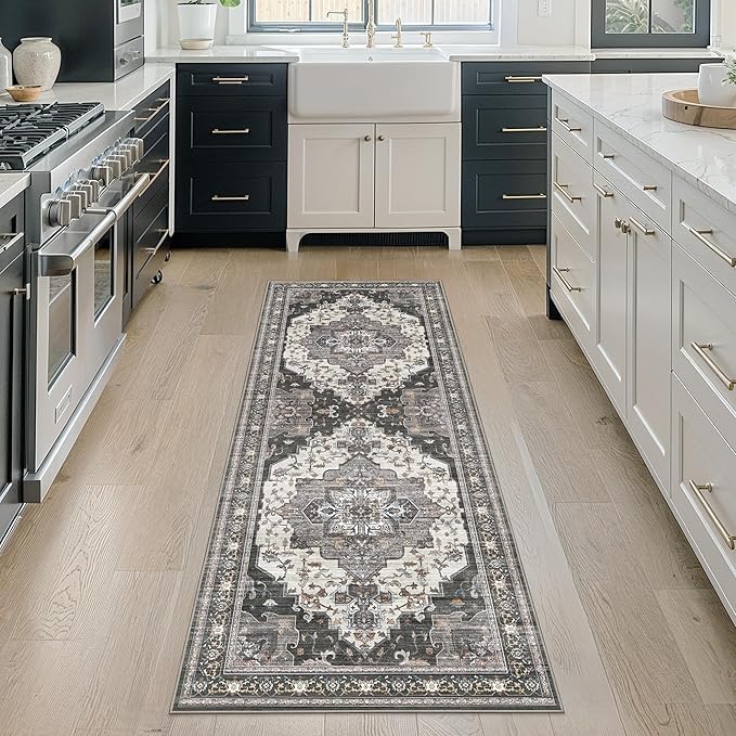 GENIMO 2X7 Hallway Runner Rug, Machine Washable Non Slip Vintage Floral Patchwork Runners, Thin Low Pile Chenille Carpet Runners for Entryway, Kitchen, Bathroom, Bedroom, Slate Gray