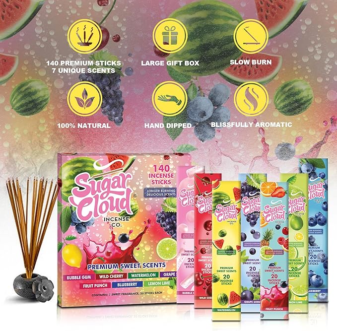 Mecka Sugar Cloud Incense Sticks | Set of 7-140 Insence-Sticks for Meditation & Good Vibes | Wild Cherry, Blueberry, Watermelon Incense Sticks | Premium Slow Burn Long Lasting Organic Insenses