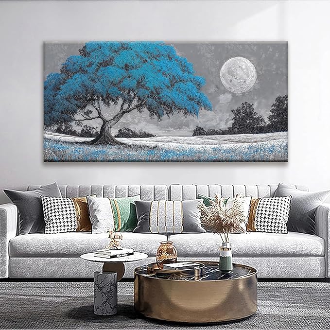 TAIJXAGSG Wall Art Blue Tree Moon Picture Canvas Art Wall Decor Artwork Abstract Canvas Print Painting Nature For Living Room Bedroom Bathroom Office Home Wall Decor 29"X 58"Can Be Hung Directly