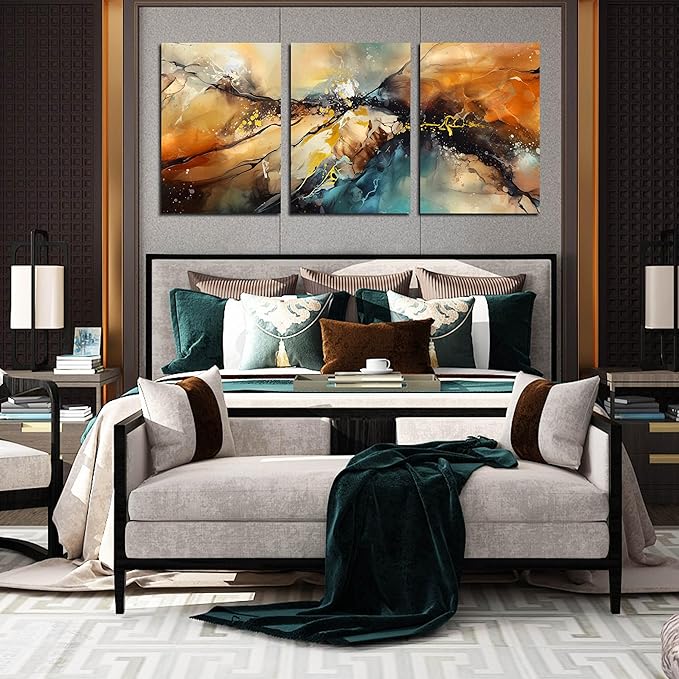 Abstract Living Room Pictures Wall Decor - Modern Bedroom Wall Decor Above Bed - Large 3 Piece Canvas Wall Art for Office Size 24" x 36"