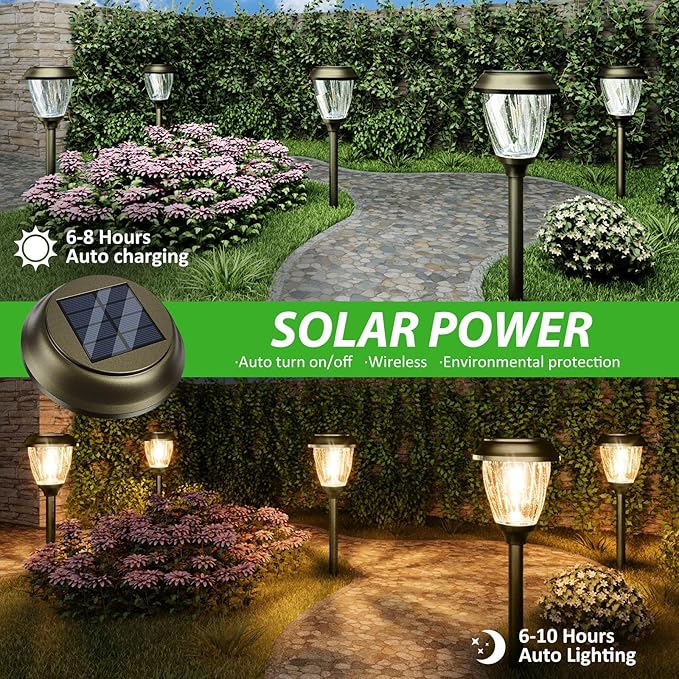 XMCOSY+ Solar Pathway Lights Outdoor, 10/25 LM in 2 Lighting Modes, Glass Stainless Steel Waterproof Outside Solar Powered Garden LED Lights for Yard Lawn Driveway Walkway Landscape Decor(Warm White)