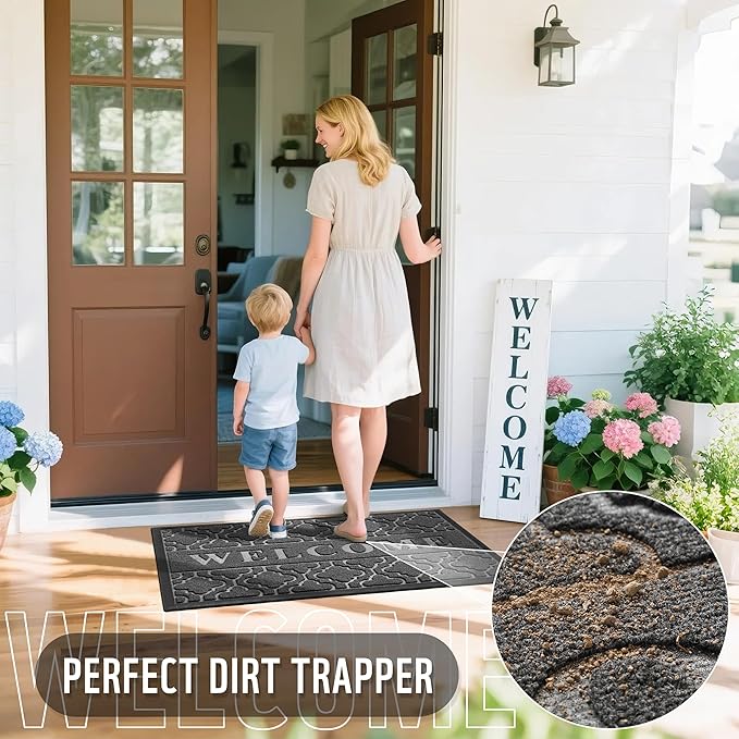 Yimobra Welcome Mat Outdoor Indoor, All-Season Waterproof Front Door Mat Outside Entrance, All-Weather Heavy Duty Non-Slip Doormat, Low Profile Porch Patio Entrance Mats, 60x36, Dark Grey