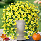 2 PCS Artificial Fall Faux Hanging Flowers Plants for Outdoor Decor,Fake Silk Morning Glory with Eucalyptus UV Resistant Realistic Mums Trailing Vines for Wall Home Porch Patio Balcony Yard,Yellow