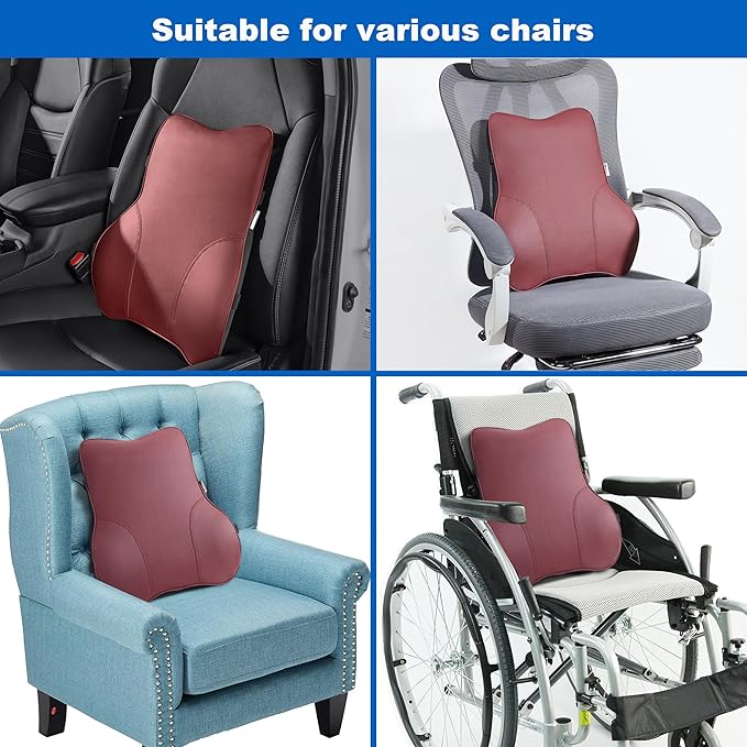 Soft Lumbar Pillow for Office Chair and Car Seat Back Support Pillow for Truck Driver's Seat, Back Cushion for Pain Relief Improve Posture (Leather-Wine Red)