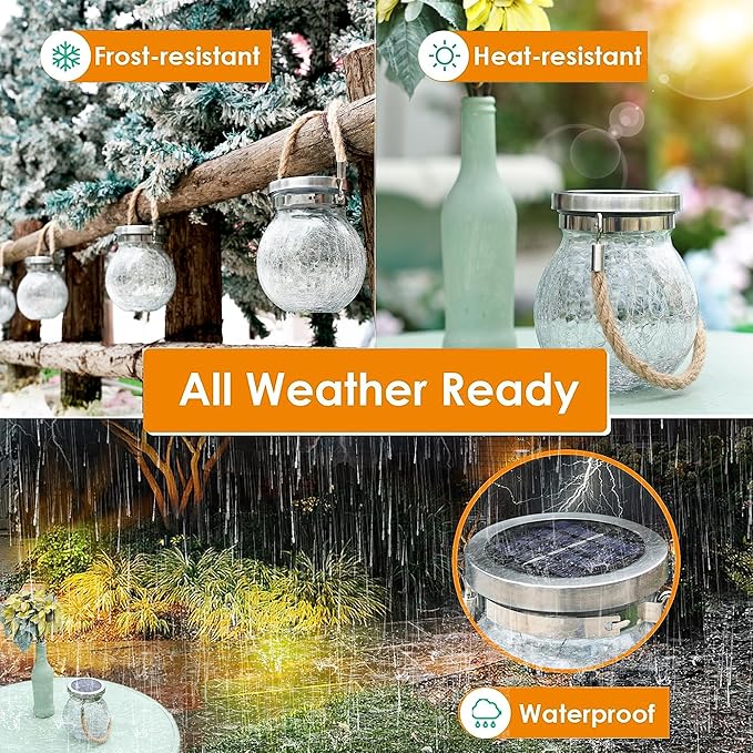 Cooo 6 Pack Heavy Crackle Glass Solar Lantern with 30 LED Firefly Lights– Waterproof Outdoor Hanging Lamp 215% Larger Solar Panel, Stainless Steel Lid Decorative Lighting for Garden Patio Table
