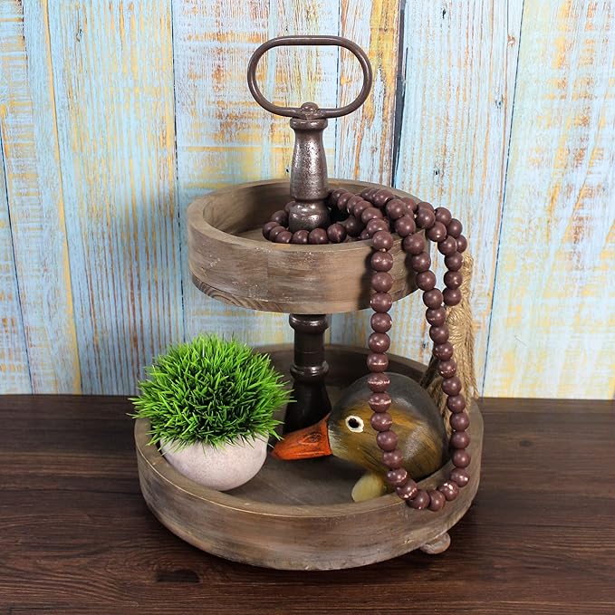 CVHOMEDECO. Wood Beads Garland with Tassels Farmhouse Rustic Wooden Prayer Bead String Wall Hanging Accent for Home Festival Decor. Brown Distressed