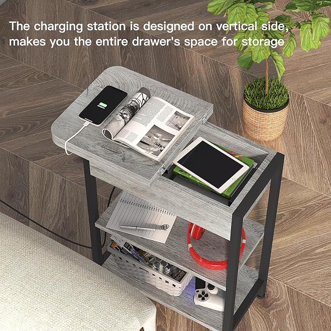LIDYUK End Table with Charging Station, Flip Top Side Table with USB Ports and Outlets, Nightstand for Small Spaces, Bedside Tables with Storage Shelf for Living Room, Bedroom, Light Grey