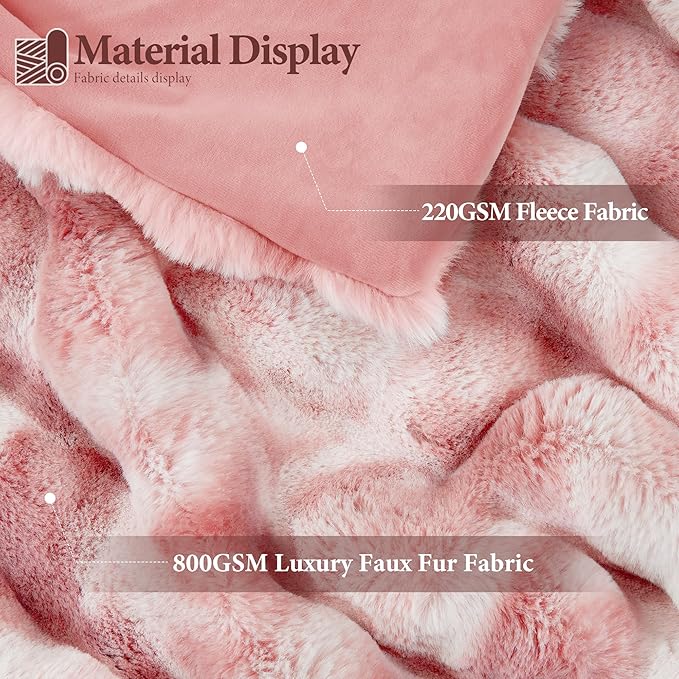 Luxury 1000GSM Faux Rabbit Fur Throw Blanket for Woman, Super Heavy Warm Cozy Blankets for Her for Couch Bed Sofa, Bubble Plush Fuzzy Elegant Soft Reversible Mink Blanket for Living Room Bedroom, Pink