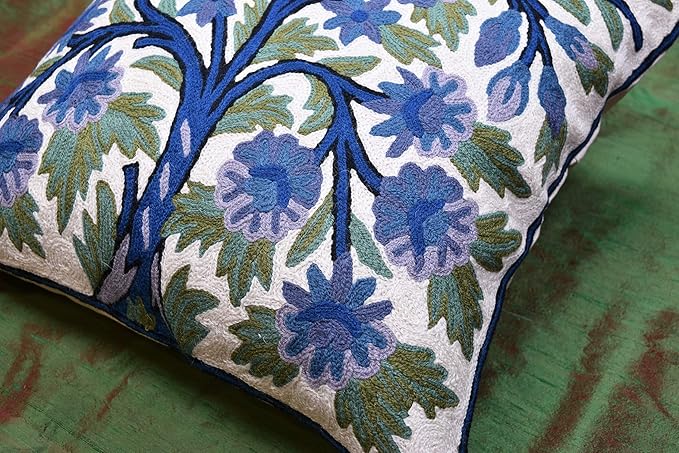 Blue Tree of Life Pillow Cover Indigo Plant Floral Pillowcase Needlepoint Botanical Flower Suzani Cushions Traditional Boho Modern Floral Cushion Wool Size - 18x18