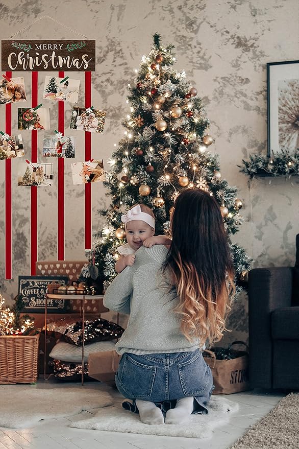 Christmas Card Holder Display, Card Holder Wall Display, Merry Christmas Wooden Decor, Xmas Hanging Picture Holders with 24 Photo Clips, Xmas Decor for Wall Door Window Home